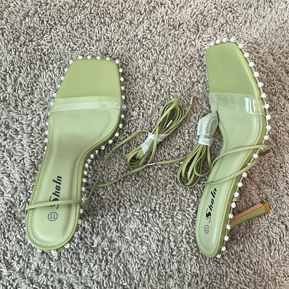 Square open toe long strap jeweled heel sandals